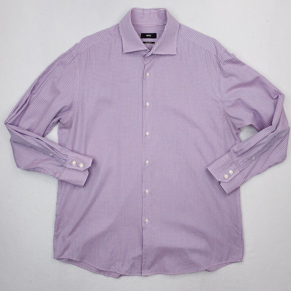 Hugo Boss Shirt Mens 17.5 Blue Pink Plaid Button‎ Up Long Sleeve Regular Fit